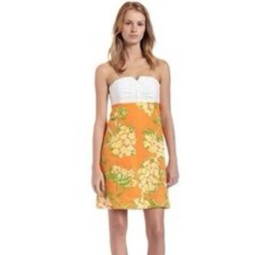 Lilly Pulitzer Orange Floral Strapless Dress Jacquard Lace by the Docks Size 0 - Picture 2 of 14